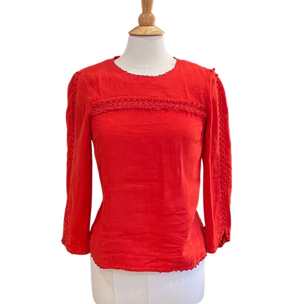 J.Crew Red/Orange Long Sleeve Linen Shirt, Embroidered, Pom Pom Fringe, 2P